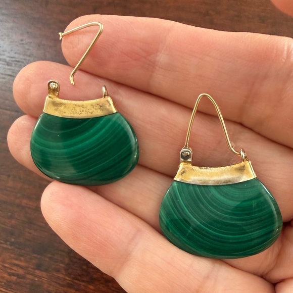 Natural malachite gold plated sterling silver drop earrings - Picture 7 of 7